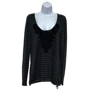 Women's Size Medium Pullover Long Sleeve Top Embroidered V-Neck Design By-Promod